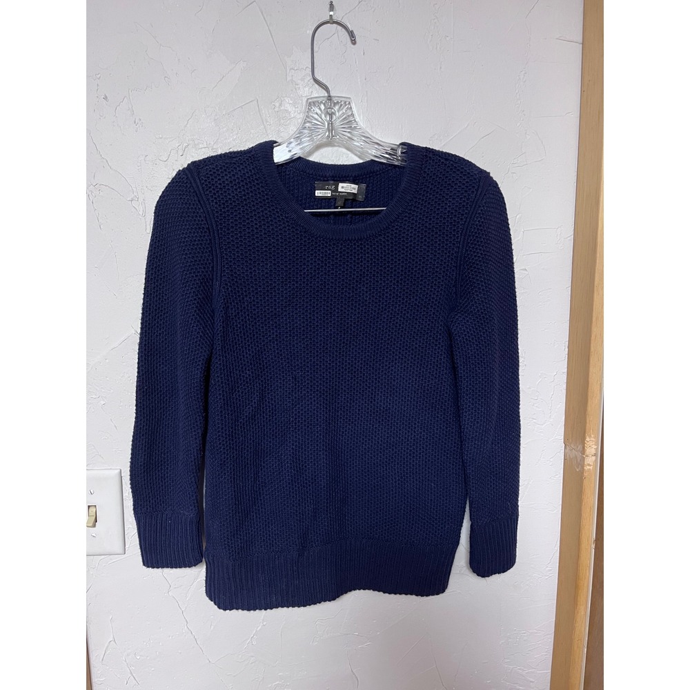Rag & Bone‎ Womens Navy Blue 100% Cotton Textured Honeycomb Crewneck Sweater XS